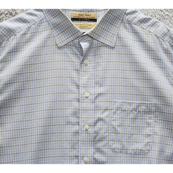 Gold Label Roundtree Men's 17 1/2  35 Light Blue Plaid Fitted Button Down Shirt - Picture 4 of 10